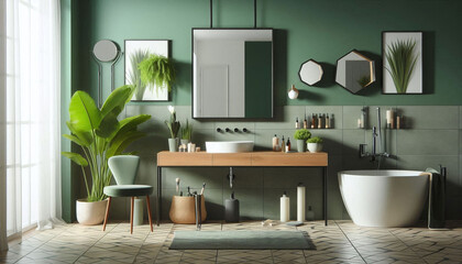 Modern bathroom interior with sink, mirror with green wal. Generative AI.