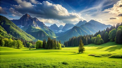 Obraz premium Lush green grass and vibrant mountain scenery, mountains, greenery, grass, land, nature, landscape, vegetation, scenic, outdoors