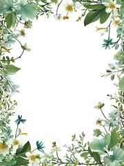Naklejka premium green leaves and bright tiny wildflowers frame on white