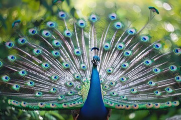 Obraz premium A vibrant peacock with its feathers fully extended, displaying the intricate patterns and bright colors of its plumage.