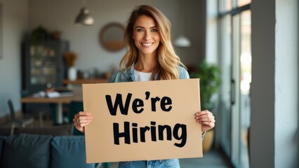 A smiling woman displays a hiring sign in a welcoming workspace