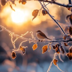 A bird is perched on a branch in the snow