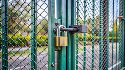 Security gate entrance locked with padlock and sliding bolt , security, gate, entrance, locked, padlock, sliding bolt, protection