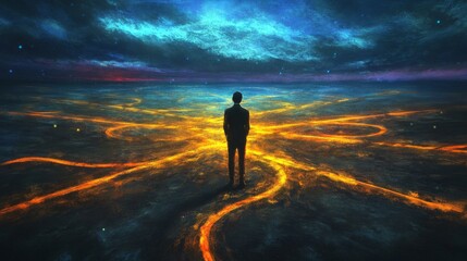 Fototapeta premium A person standing at a crossroads, illuminated by multiple paths, each representing a unique solution to a challenge