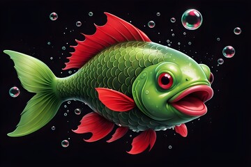 3d cartoon illustration of a green fish with black background