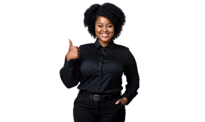 Smiling African American businesswoman giving a thumbs-up sign, isolated on transparent background