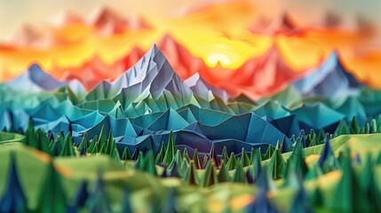 Origami Paper Illustration of the Canadian Rockies at Sunrise