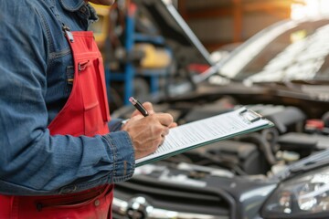 Closeup car repairman writing job checklist on clipboard and standing in front of open car engine