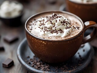 A cup of hot chocolate with whipped cream and chocolate