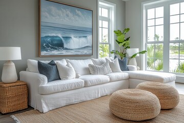 modern coastal living room elegant white sofa large ocean artwork natural textures soft blues and sandy neutrals airy space with subtle nautical touches and clean lines