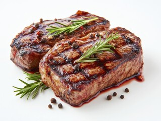 Two steaks on a plate with rosemary