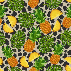 Spotted background with pineapples.Vector pattern with whole and cut pineapples and palm leaves on an abstract spotted background.