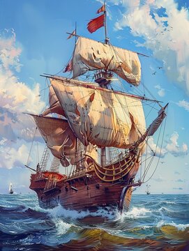 Majestic old wooden sailing ship navigating the open ocean under blue skies with billowing sails and a red flag.