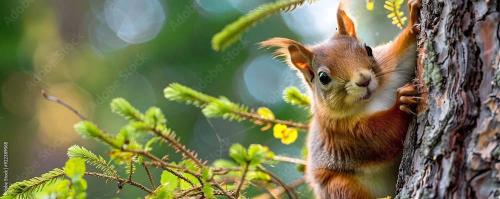 Poster red squirrel peeking from behind a tree trunk