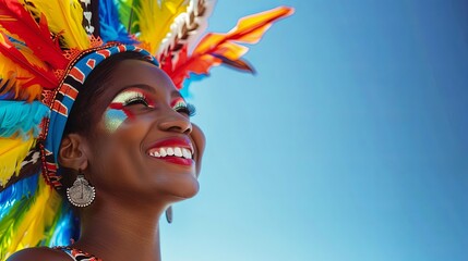 Naklejka premium A woman wearing a colorful feathered headdress looks up and smiles against a blue sky.