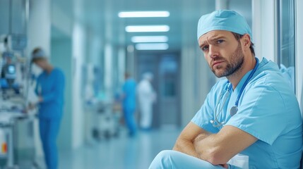 An exhausted doctor in a hospital corridor, taking a moment to rest between patients