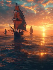 Fototapeta premium Scenic sunset over the ocean with sailboats sailing towards the horizon, highlighting the beauty of a tranquil sea voyage.