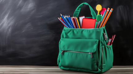 "Vibrant yellow backpack filled with essential school supplies, displayed on a blue background in a flat lay composition, representing the concept of back to school and preparation for the new academi