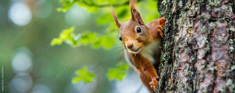 Poster close-up of a red squirrel peeking around a tree trunk