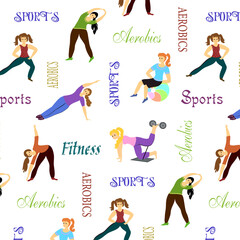 Sports activities in vector pattern.Female figures perform sports exercises on a transparent background with text in a vector pattern.