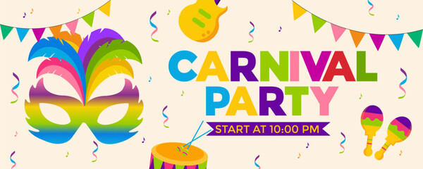 carnival party invitation banner design with mask, feathers, drum and flags for party. Mardi Gras festive, carnival, festival, parade. template for design invitation banners