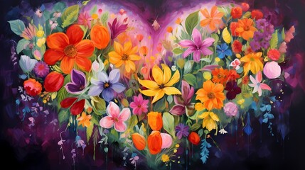 A heart-shaped floral arrangement with vibrant colors and intricate details, perfect for romantic or festive themes.