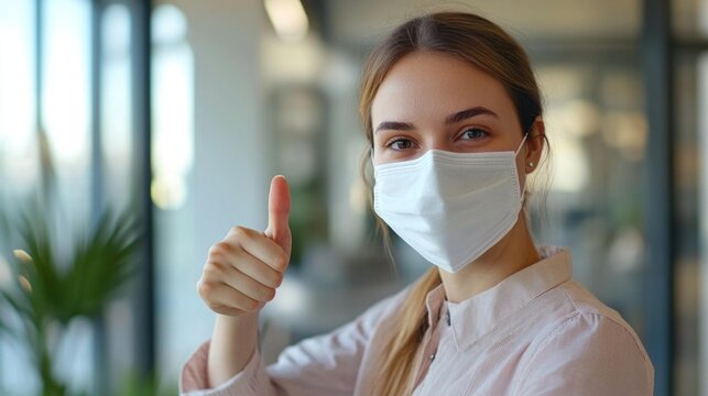 Woman giving thumbs up with face mask - Powered by Adobe