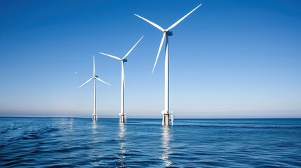 Massive wind turbine with rotating blades in ocean