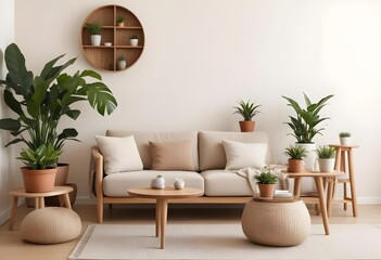A cozy living room with a beige sofa, a wooden side table, and various potted plants on shelves.