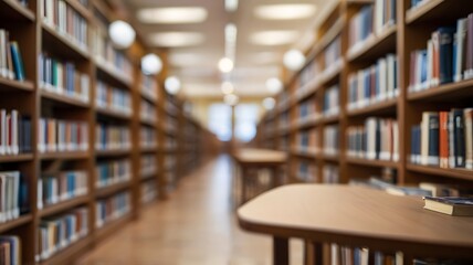 Fototapeta premium Abstract blurry interior environment of a public library with a room with bookshelves