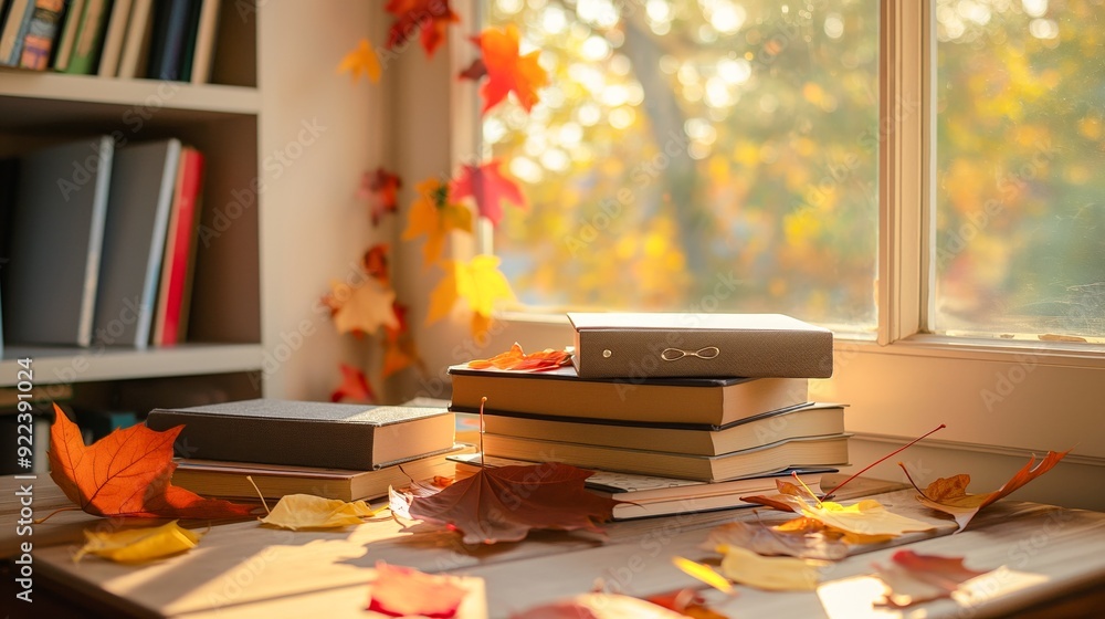 Poster school books and copybooks on wooden table near window with soft sunlight and autumn nature backgrou