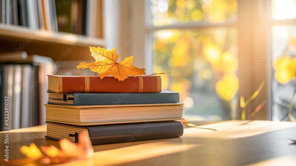 Poster school books and copybooks on wooden table near window with soft sunlight and autumn nature backgrou