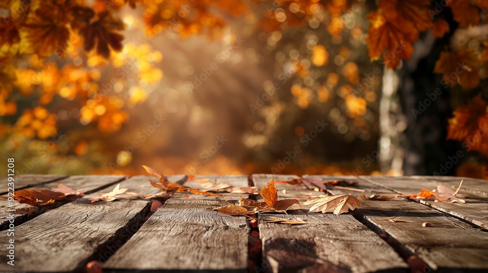 Poster rustic wooden table with blurred autumn background and golden yellow old leaves, autumn table backgr