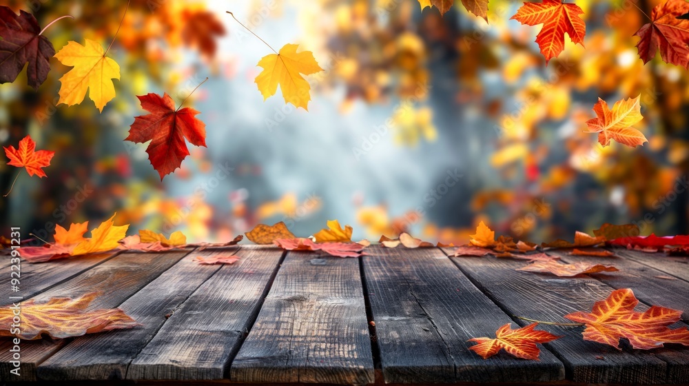 Poster rustic wooden table with blurred autumn background and golden yellow old leaves, autumn table backgr