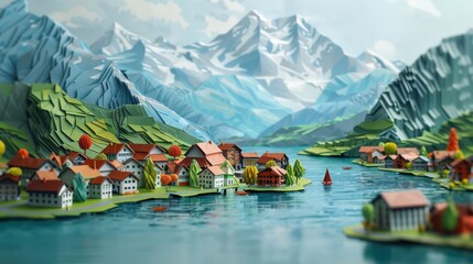 Fototapeta premium Origami Paper Illustration of Interlaken and Jungfrau Region