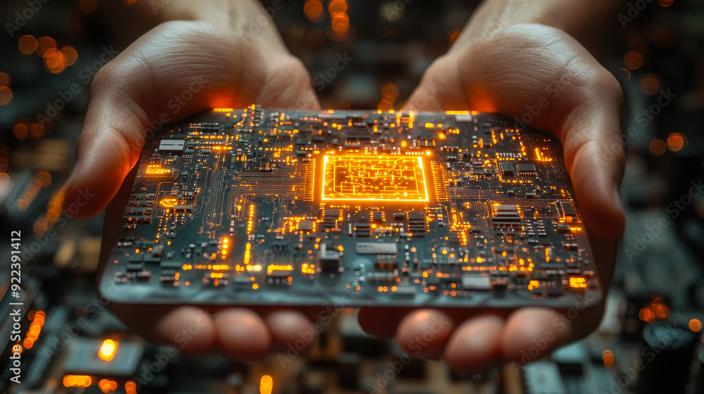 Poster person presenting futuristic holographic microchip circuit board in hands - future technology concep