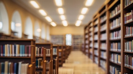 Abstract blurry interior environment of a public library with a room with bookshelves
