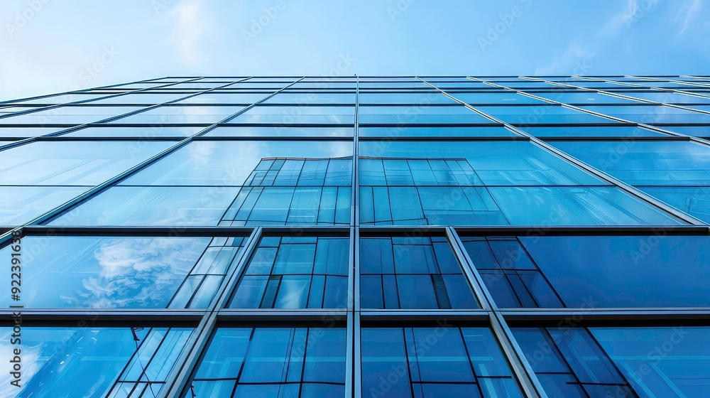 Poster a low angle view of a modern glass building with a blue sky and clouds reflected in the windows.