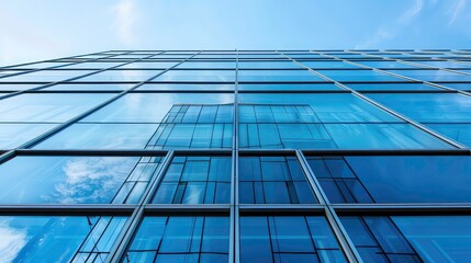 Obraz premium A low angle view of a modern glass building with a blue sky and clouds reflected in the windows.