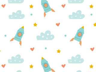 cute pattern with a space rocket for a boy on a white background