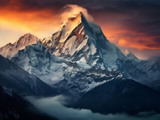 Magnificent View of the Himalayas during a foggy sunset night - Mt Everest visible