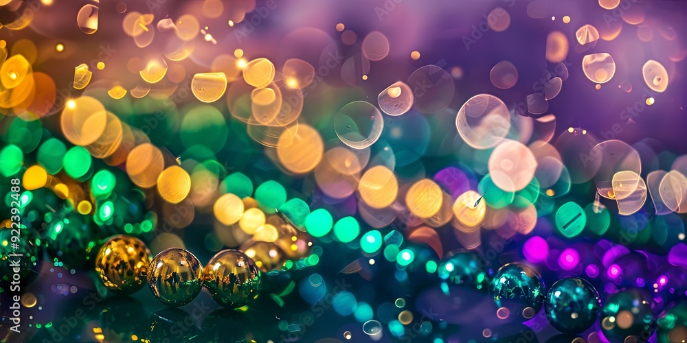 Wall mural abstract blurred colorful bokeh lights background with round shiny beads.
