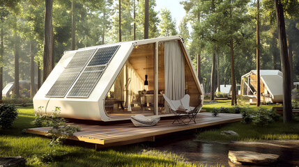 Innovative Temporary Housing Unit with Sustainable Design, Solar Panels, Rainwater Harvesting, Nested in Serene Natural Environment.