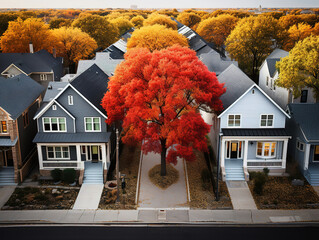 Bright Aerial view row of new house with cul-de-sac (dead-end) and bright orange color