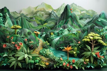 Fototapeta premium Origami Paper Town Illustration of Madeira’s Laurisilva Forest, Portugal with Vibrant Greenery, Waterfalls, and Mountain Trails