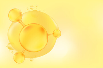 Gold oil or collagen molecule formula, with gold liquid particles, bubbles pattern. Hyaluronic acid serum chemical formula background with copy space. Beauty treatment nutrition.