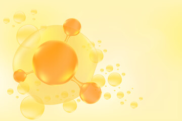 Gold oil or collagen molecule formula, with gold liquid particles, bubbles pattern. Hyaluronic acid serum chemical formula background with copy space. Beauty treatment nutrition.