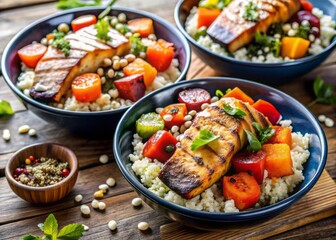 Vibrant, healthy bowls filled with roasted vegetables, grilled salmon, and quinoa, topped with crumbly feta cheese and finished with a sweet balsamic glaze drizzle.