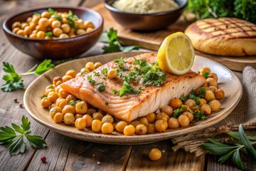 Freshly prepared salmon fillet served chilled with roasted chickpeas, zesty lemon, and fragrant oregano, accompanied by crispy pita bread for a light and refreshing meal.