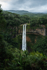 A huge waterfall on a moody day in the jungle of Mauritius, Africa. 